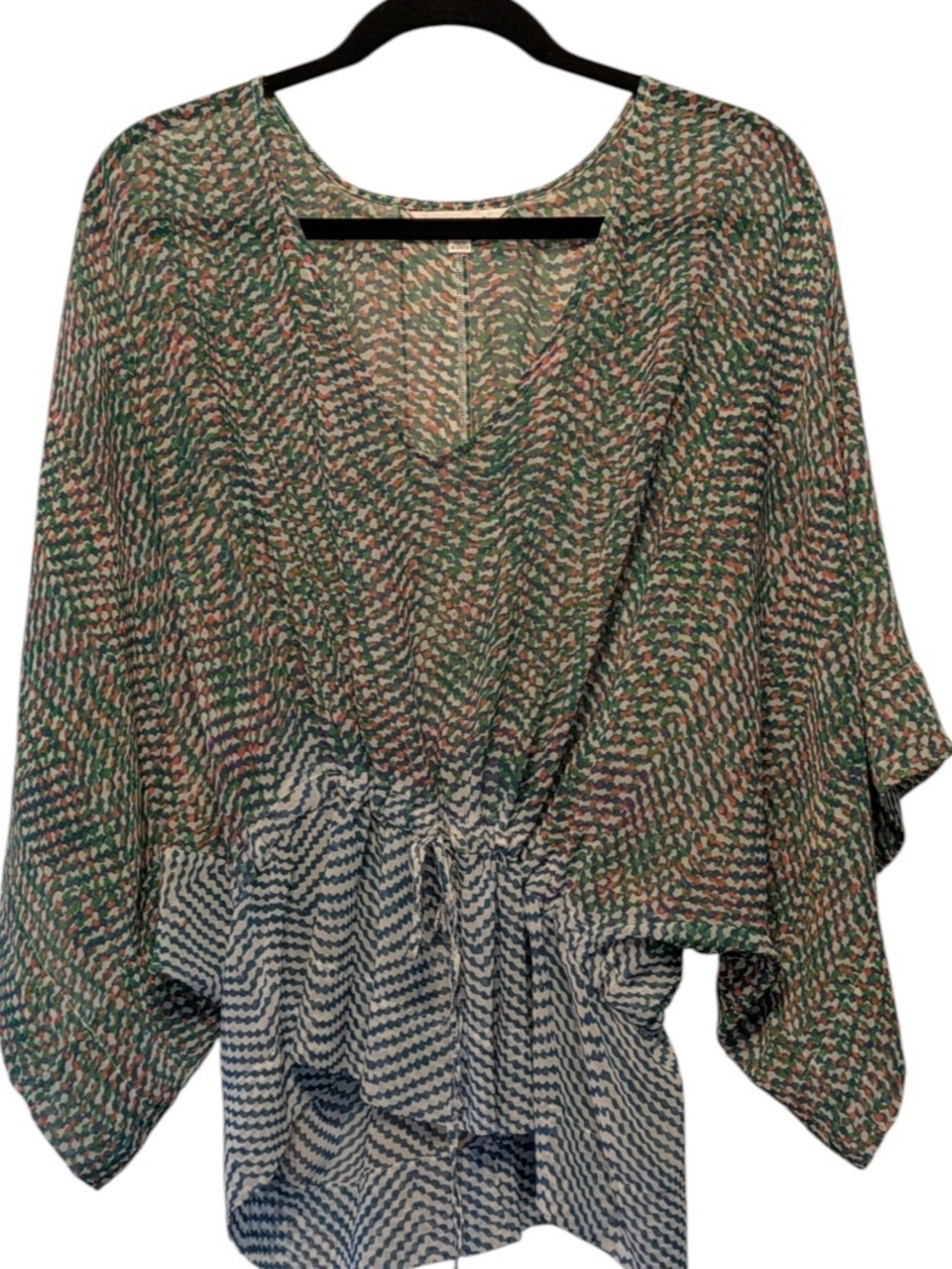 CAbi Mixed-Print V-Neck Blouse in Green, Navy and Cream